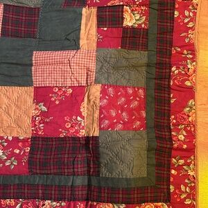Vintage Hand Stitched Quilt-58x48 Red,Green,Yellow-Floral,Plaid,Pasley